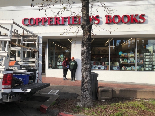 Copperfield's Bookstore in San Rafael, California...standing next to Christina, assistant manager.